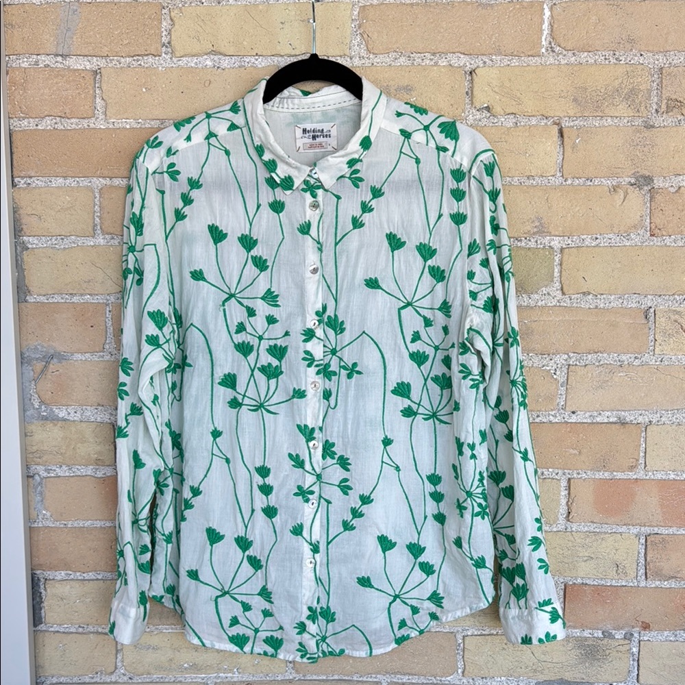 Anthropologie Holding Horses White and Green Embroidered Button-Up Shirt